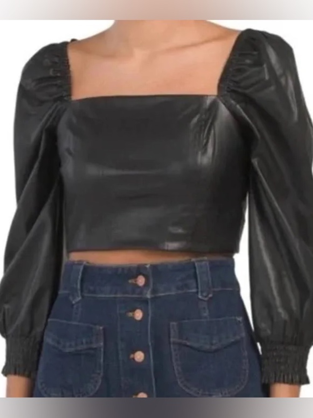 7 For all Mankind Cropped Black Faux Leather Square-Neck Top